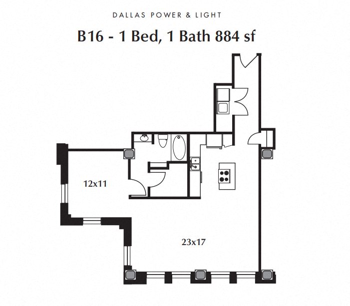 Floor plan for 1 bed, 1 bath, 884 sqft